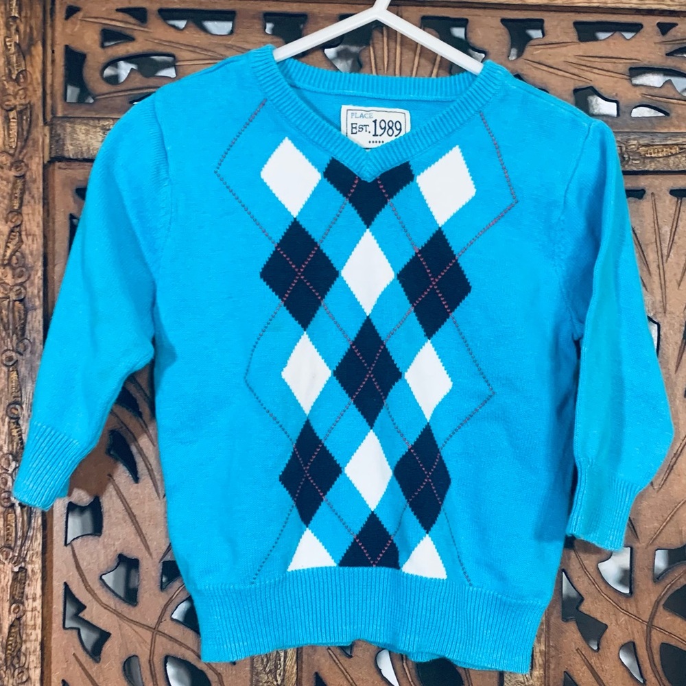 Est Place 1989 V Neck Argyle Blue Diamond Sweater